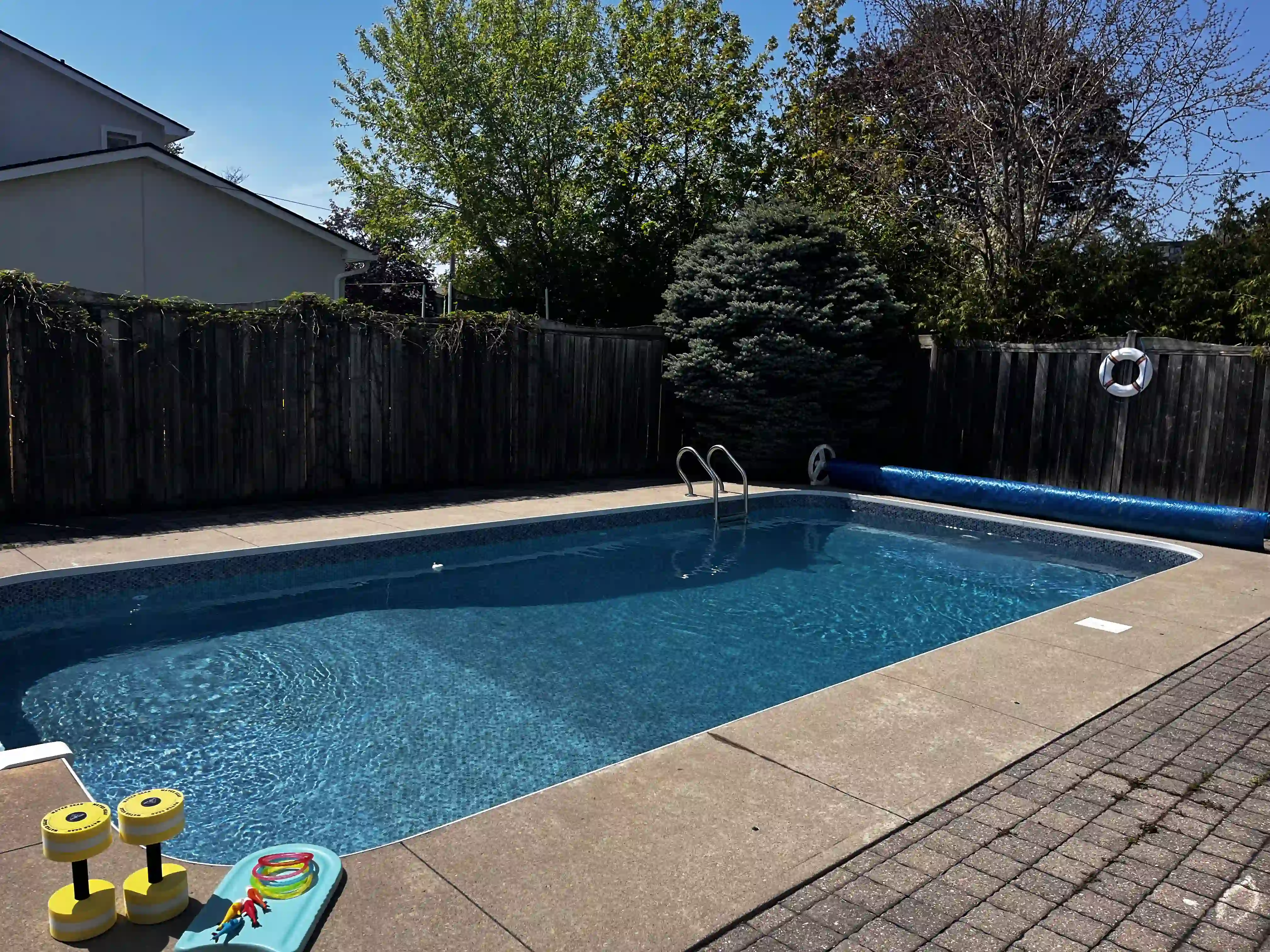 Wide view of the backyard pool at Dave's Swim School